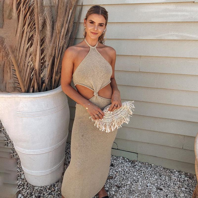 Vacation Outfit Knitted Halter Maxi Dress