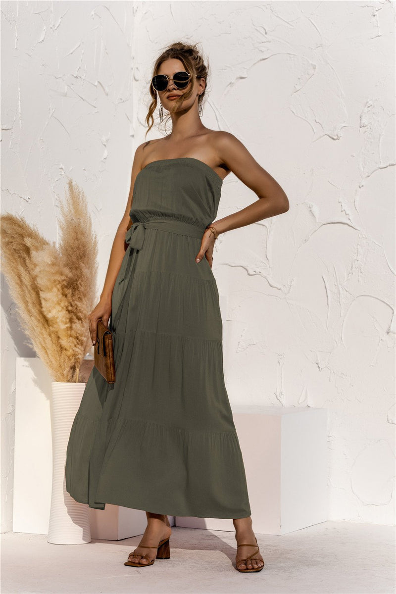 Lace Up Belt Strapless Off The Shoulder Solid Color Long Dress