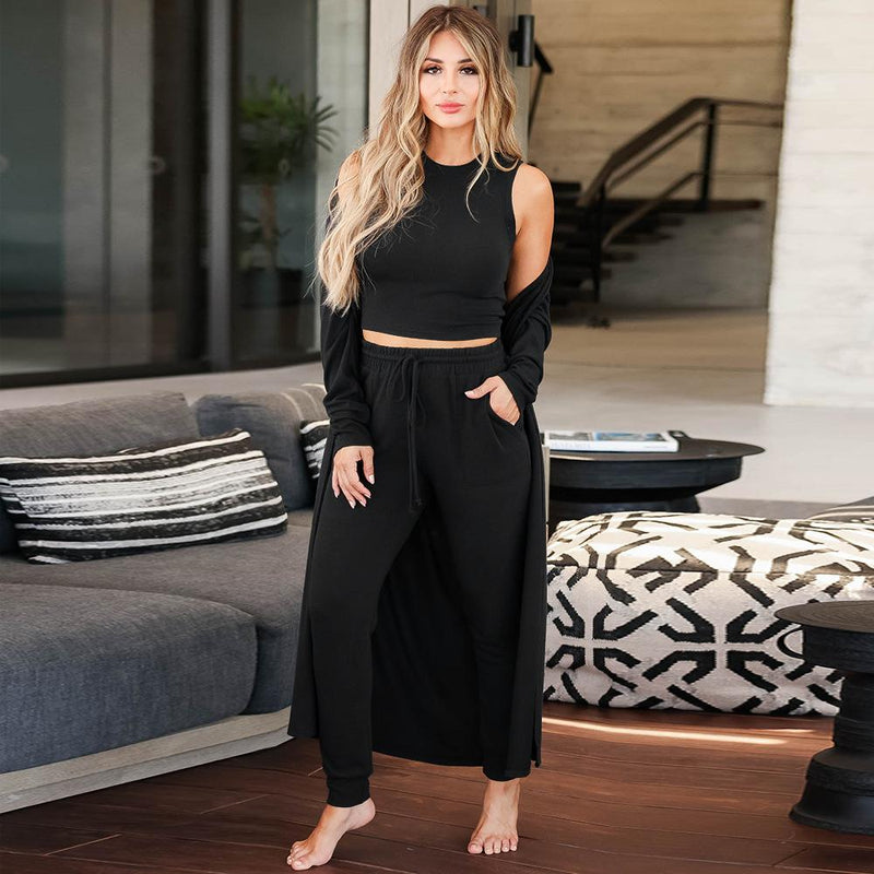 3 Piece Outfit Open Front Cardigan Crop Tank High waist Pants