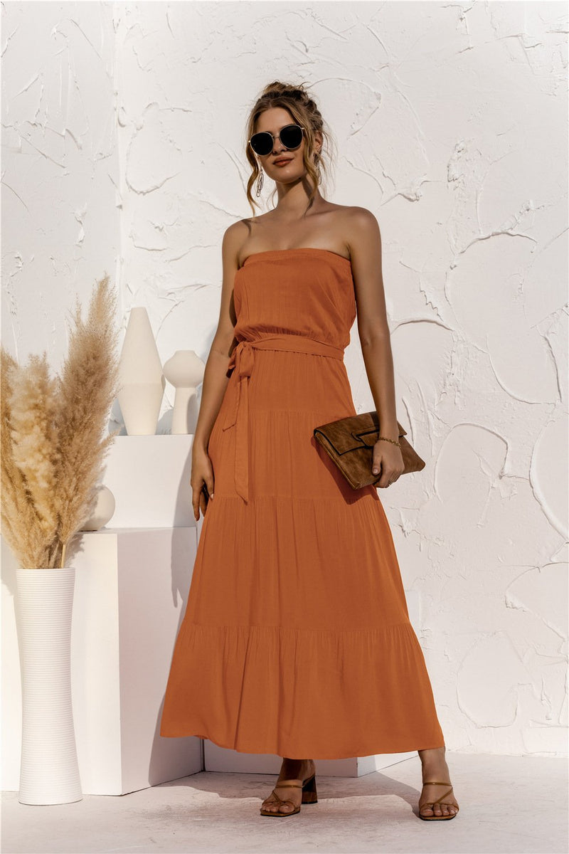 Lace Up Belt Strapless Off The Shoulder Solid Color Long Dress