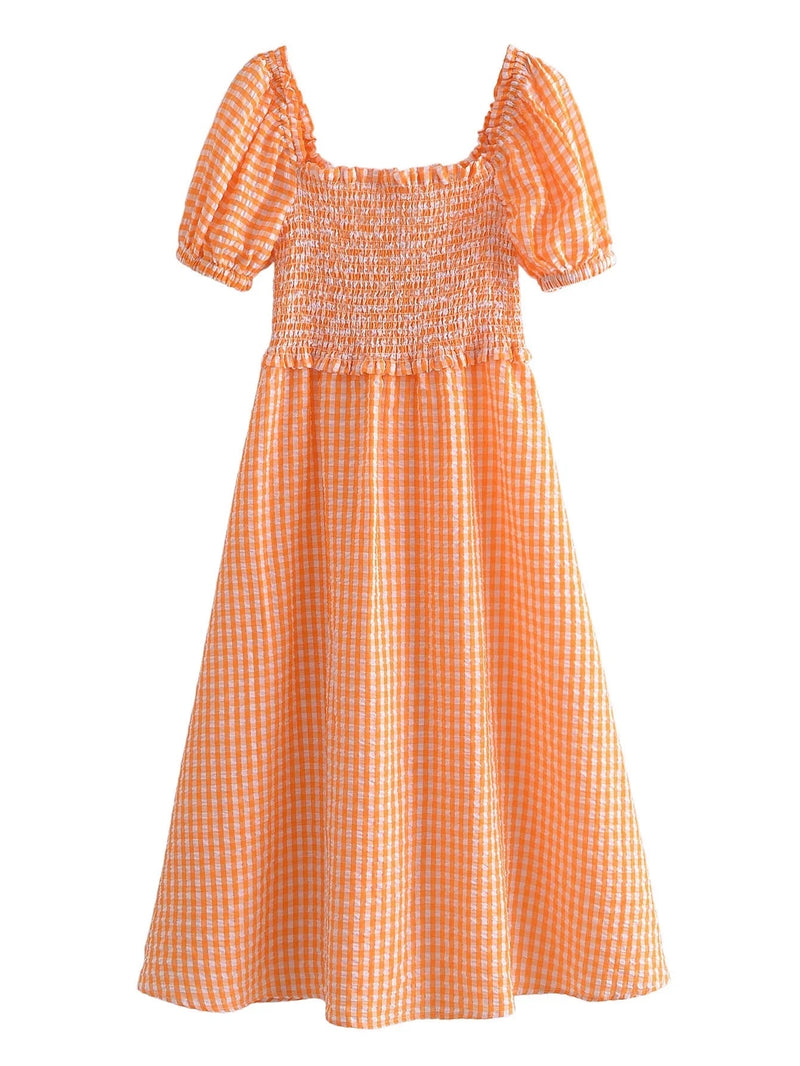 Puff Sleeve Orange Ruched Smocking Maxi Long Dress