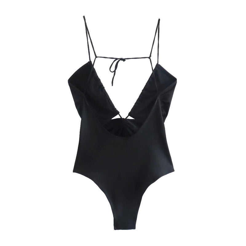 Hollow Out Fitted Bodysuits Backless Tied Thin Straps