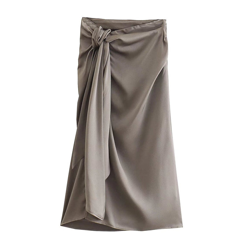 Knotted Front Slit Midi Skirt  High Waist Side Zipper Skirts