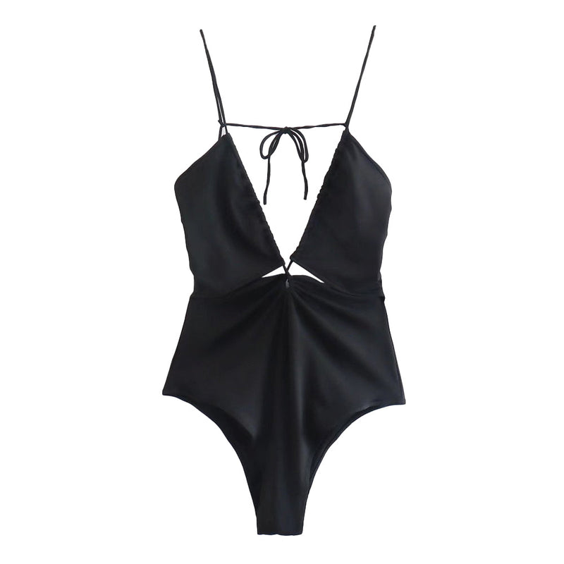 Hollow Out Fitted Bodysuits Backless Tied Thin Straps