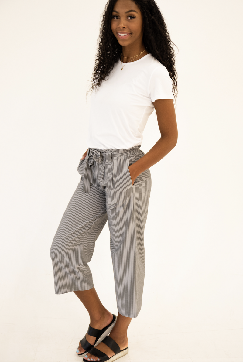 DT Izzy Belted Striped Palazzo pants - grey and white