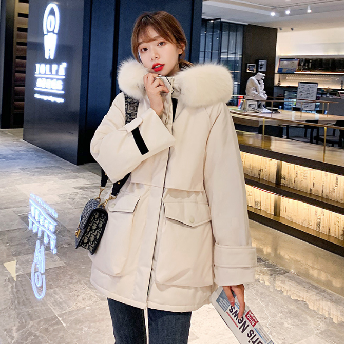 Womens Mid Length Zipper Coat with Furry Hood