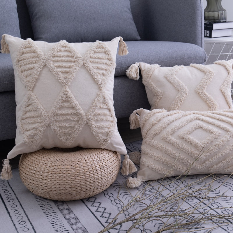 Tassels Cushion Cover 45x 45cm/30x50cm Beige Pillow Cover Handmade