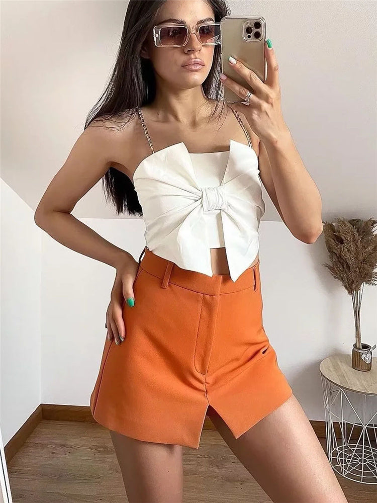 White Slim Bow Short Top Sweet Backless Cropped Top