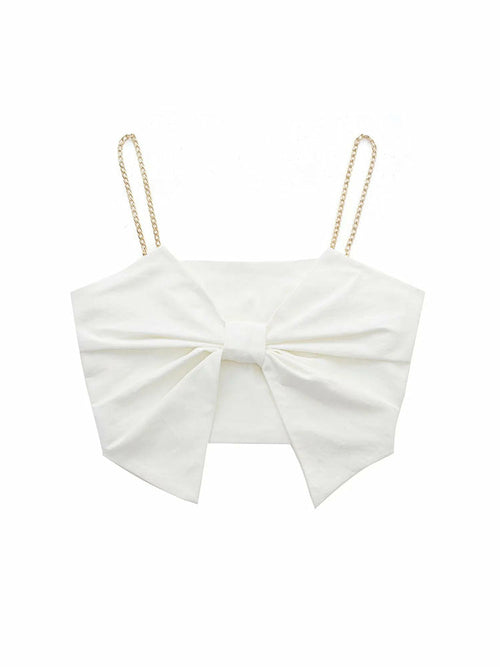 White Slim Bow Short Top Sweet Backless Cropped Top