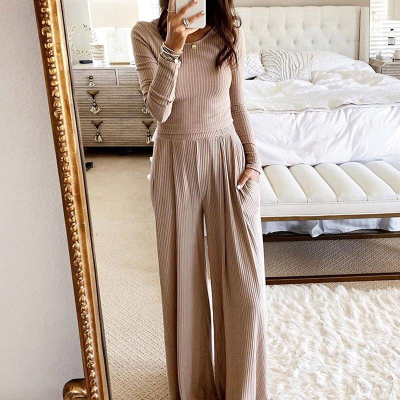 Knitted Rib Two-Piece Sets Tops & Long Pants Leisure Suit