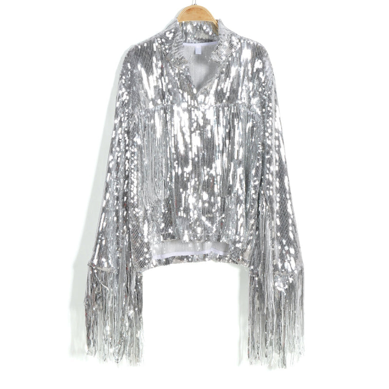 Tassel Sequin Jacket  Streetwear  Long-sleeved Silver