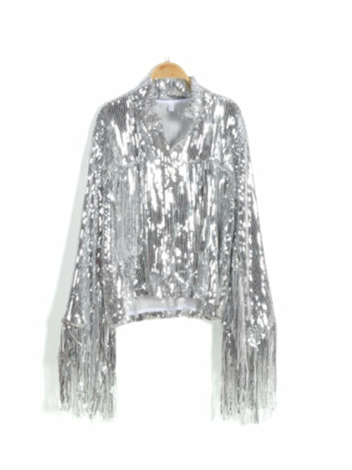 Tassel Sequin Jacket  Streetwear  Long-sleeved Silver
