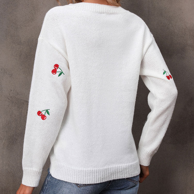 Casual Loose Knitted Cherries Sweater