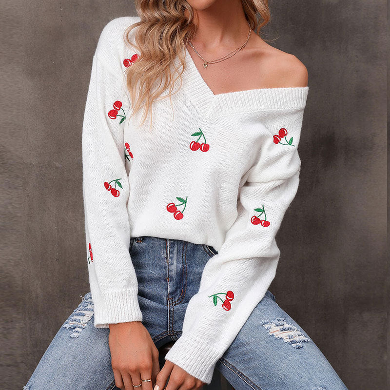 Casual Loose Knitted Cherries Sweater