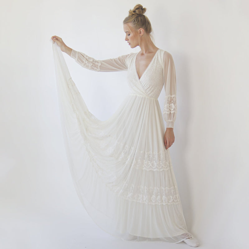 Bestseller Ivory Wrap Lace Wedding Dress With Chiffon Mesh Sleeves