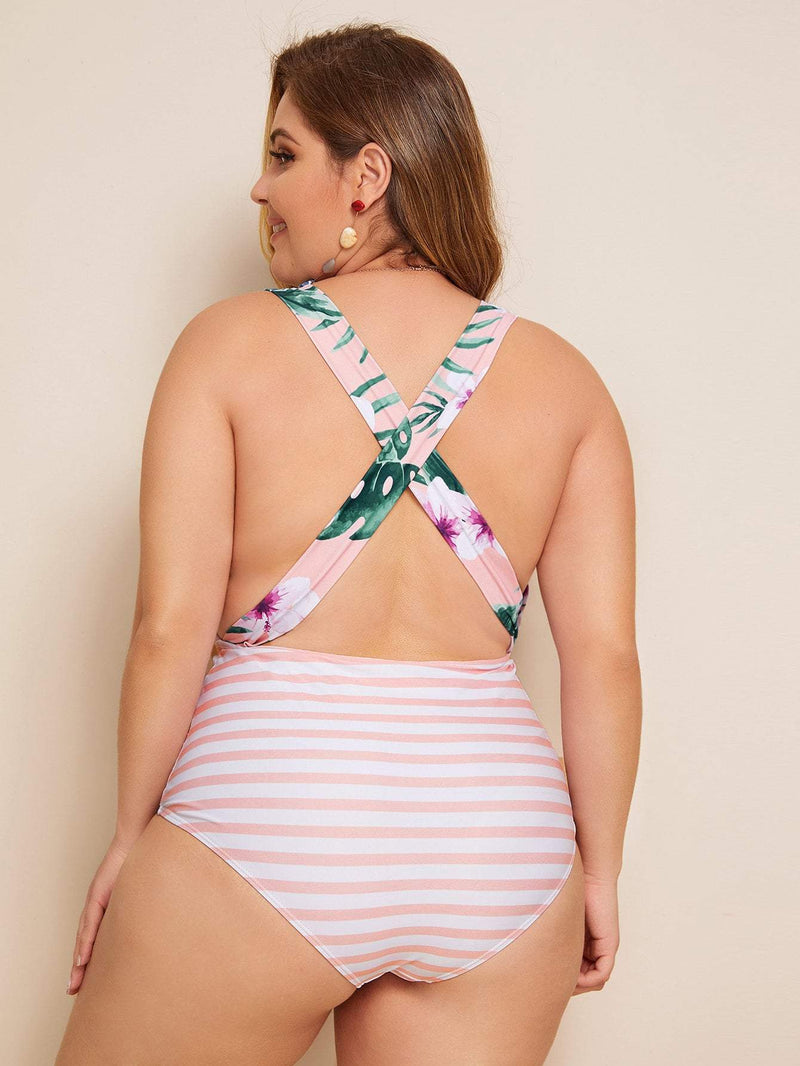 Queen Plus Collection Floral & Striped Criss Cross One Piece Swimwear