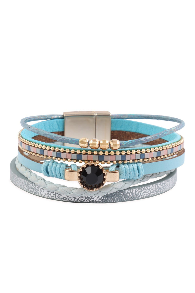 Hdb3157 - Multi Line Leather Charm With Magnetic Lock Bracelet