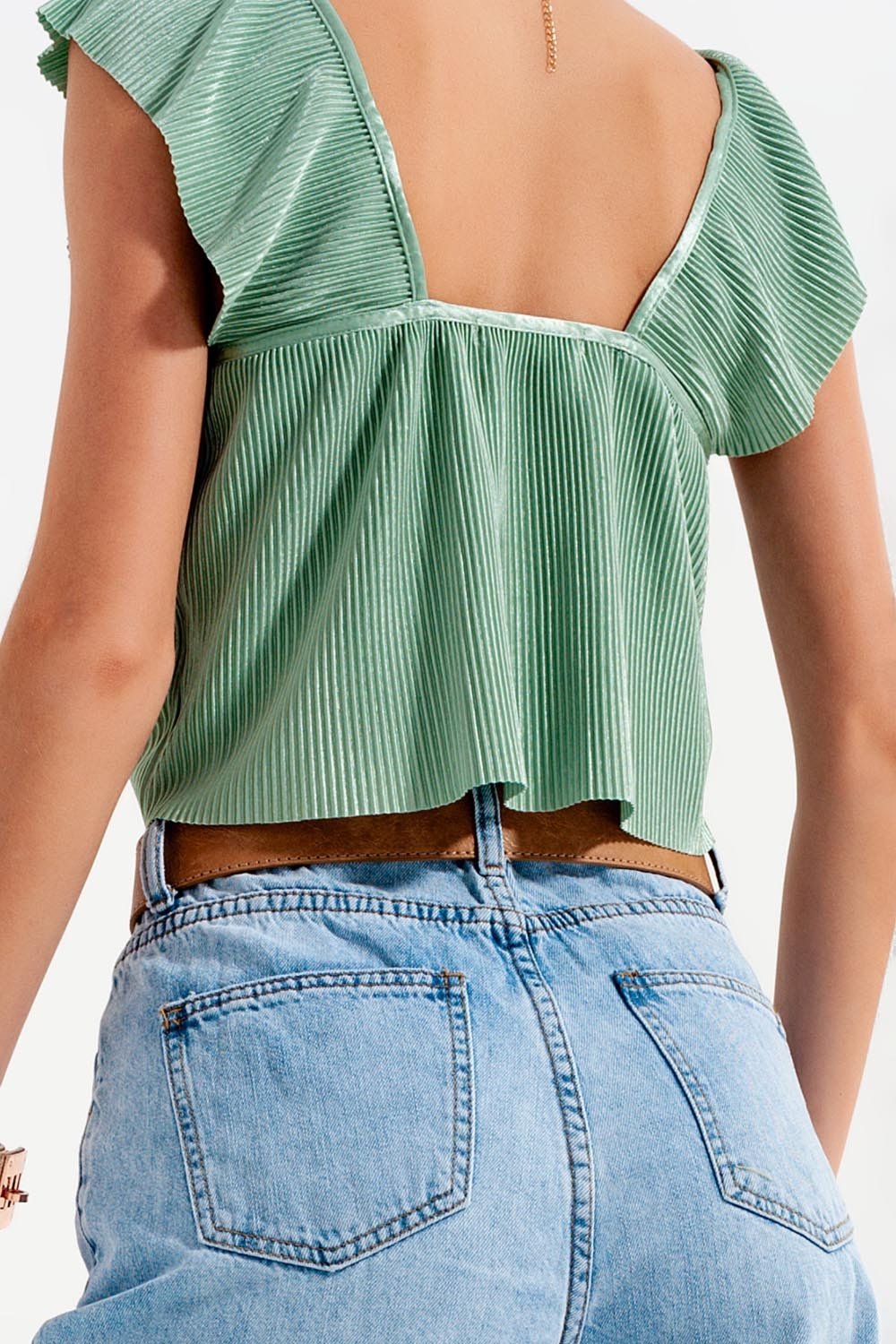 Tie Front Shirred Detail Volume Sleeve Crop Top in Green