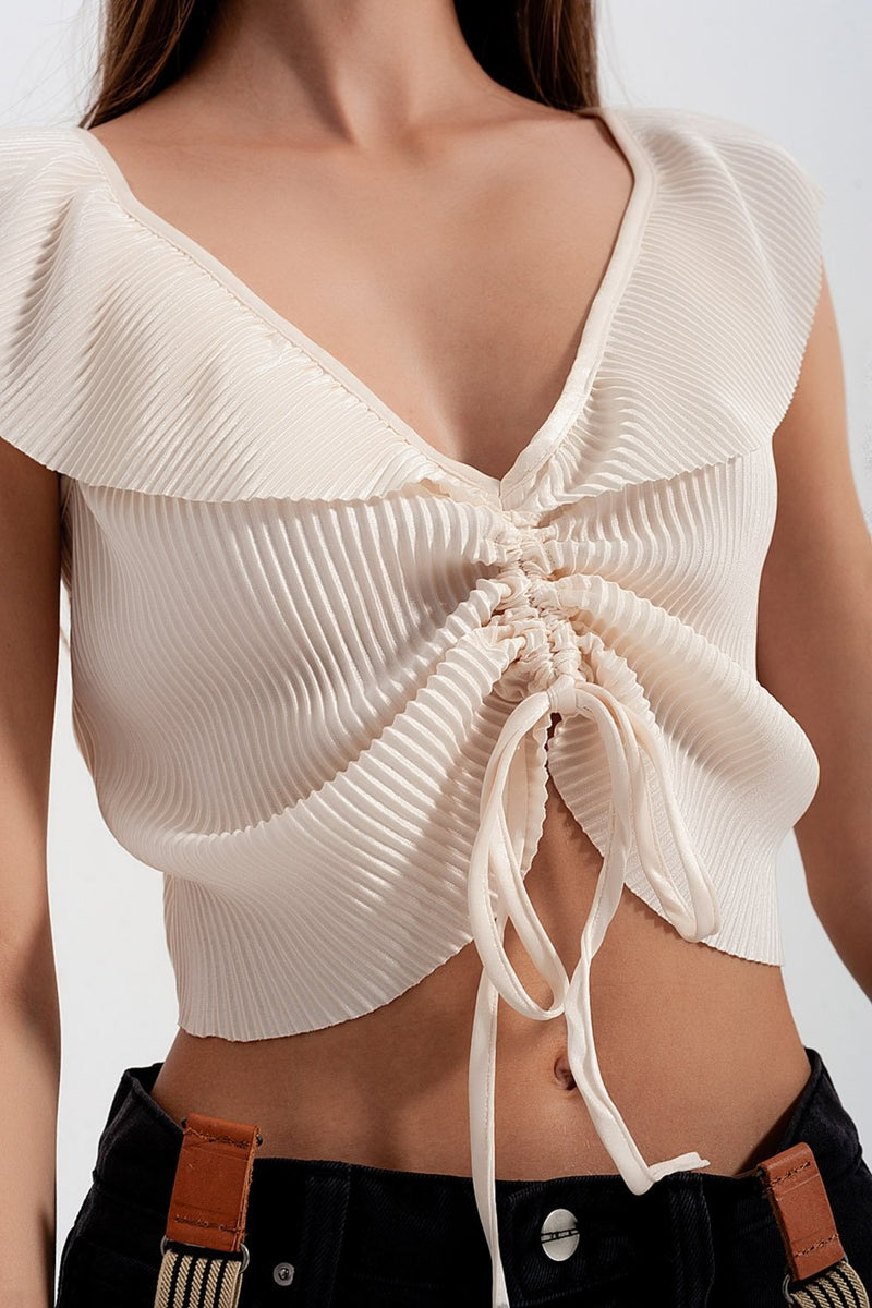 Tie Front Shirred Detail Volume Sleeve Crop Top in Cream
