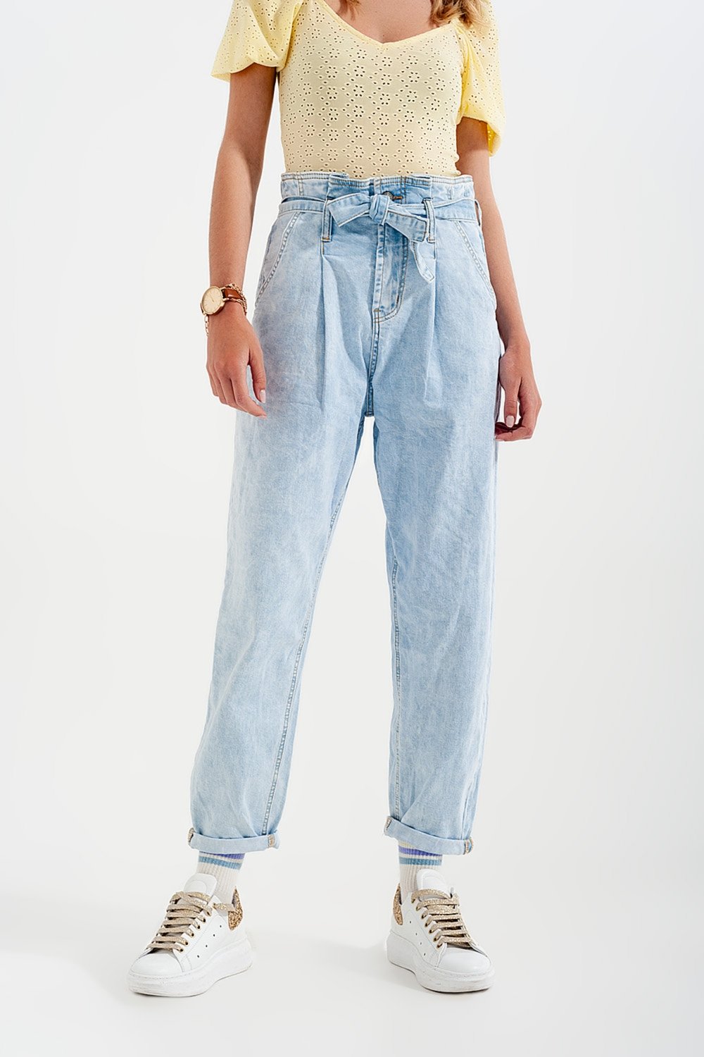Tapered Leg Jeans With Paper Bag Waist in Light Vintage Wash