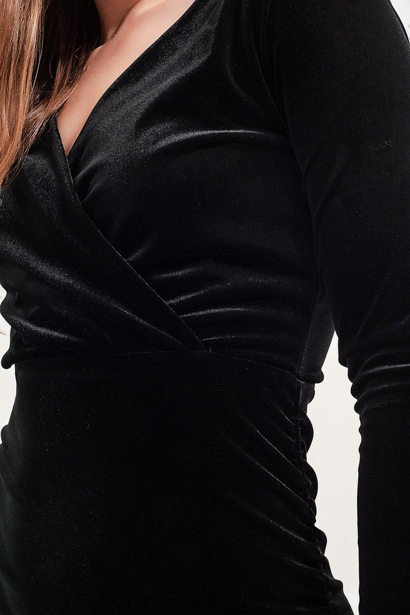 Long Sleeve Velvet Midi Dress in Black