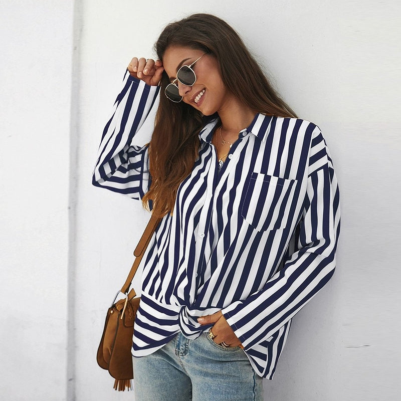 Twist Front Striped Pocket Blouse