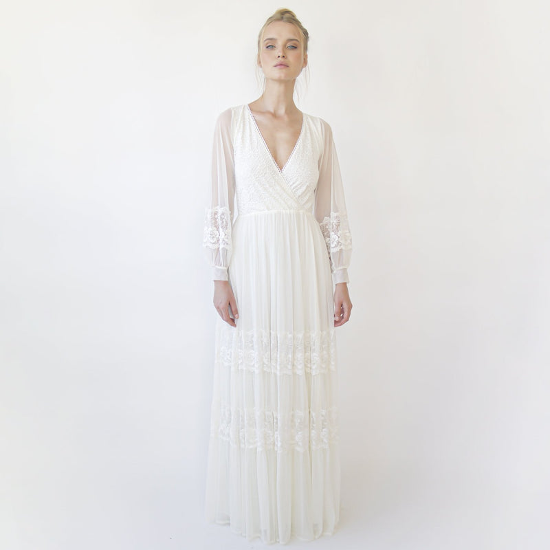 Bestseller Ivory Wrap Lace Wedding Dress With Chiffon Mesh Sleeves