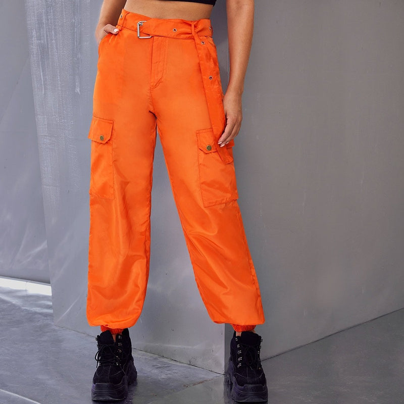 Neon Orange Grommet Belted Utility Cargo Pants