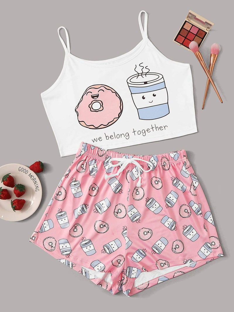 Cartoon & Letter Print Cami Pajama Set