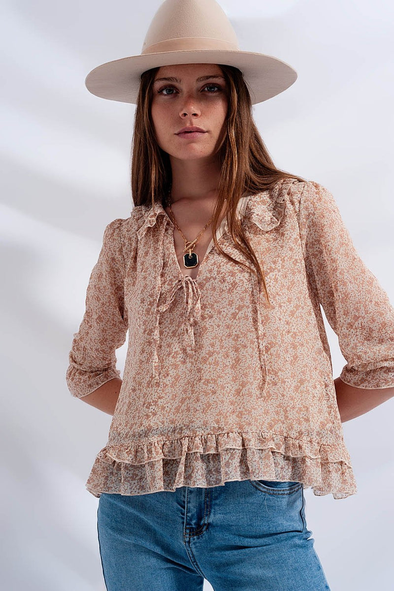 Tie Front Chiffon Blouse in Beige Floral Print