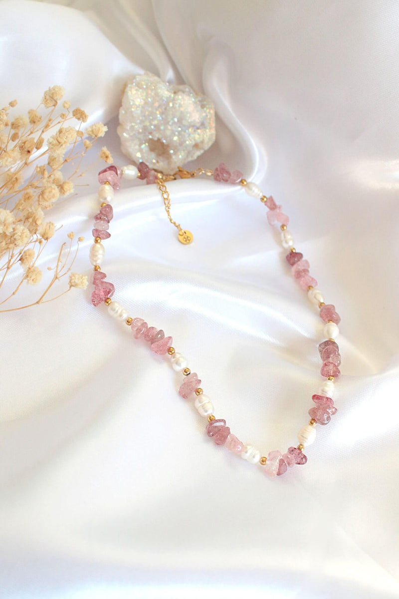 Natural Strawberry Quartz Crystal & Freshwater Pearls Choker
