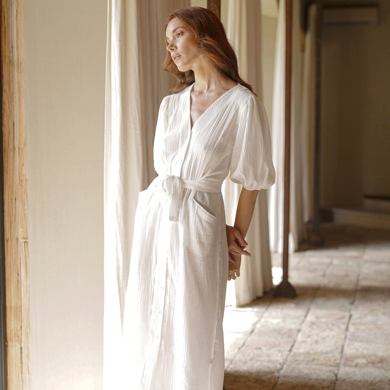 Meghan Crinkle Midi Dress, in Off-White