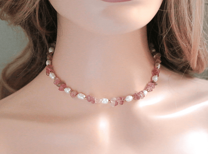 Natural Strawberry Quartz Crystal & Freshwater Pearls Choker