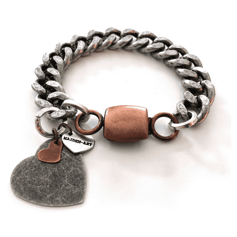 Double heart and chain bracelet in brass and silver