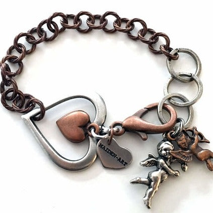 Heart and cupid bracelet in brass and silver