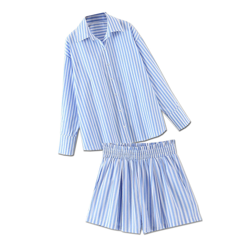 Striped Shirt Waist Shorts Street Casual Set