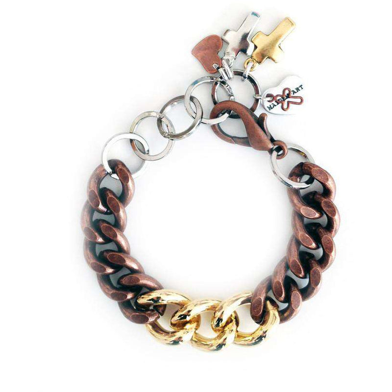 Italian Chain and Link bracelet with double color brass chain and charms. Boho