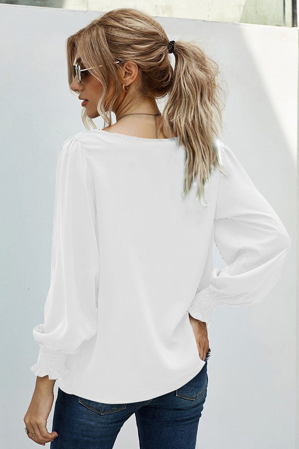 Chic Long Sleeve V Neck Lace Patchwork White Blouse