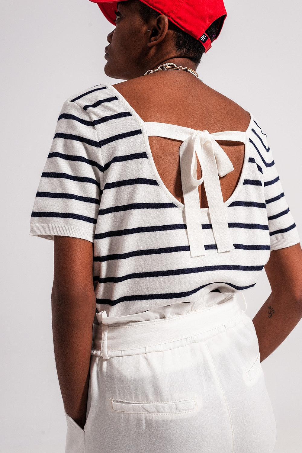 Open Back Lace Up Stripes Jumper in Navy