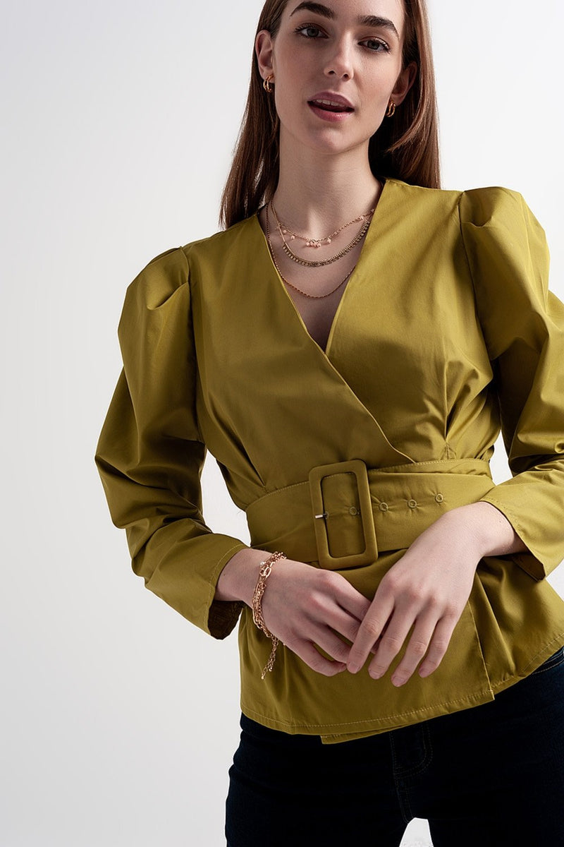Puff Sleeve Wrap Front Top With Belt Detail in Green