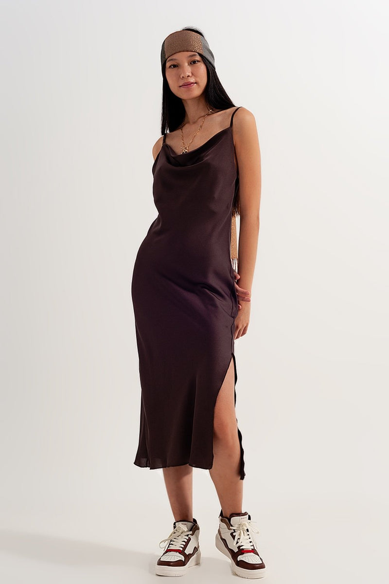 Satin Cami Strap Mini Dress in Brown