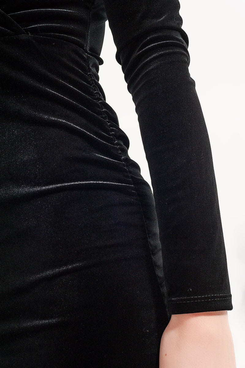 Long Sleeve Velvet Midi Dress in Black