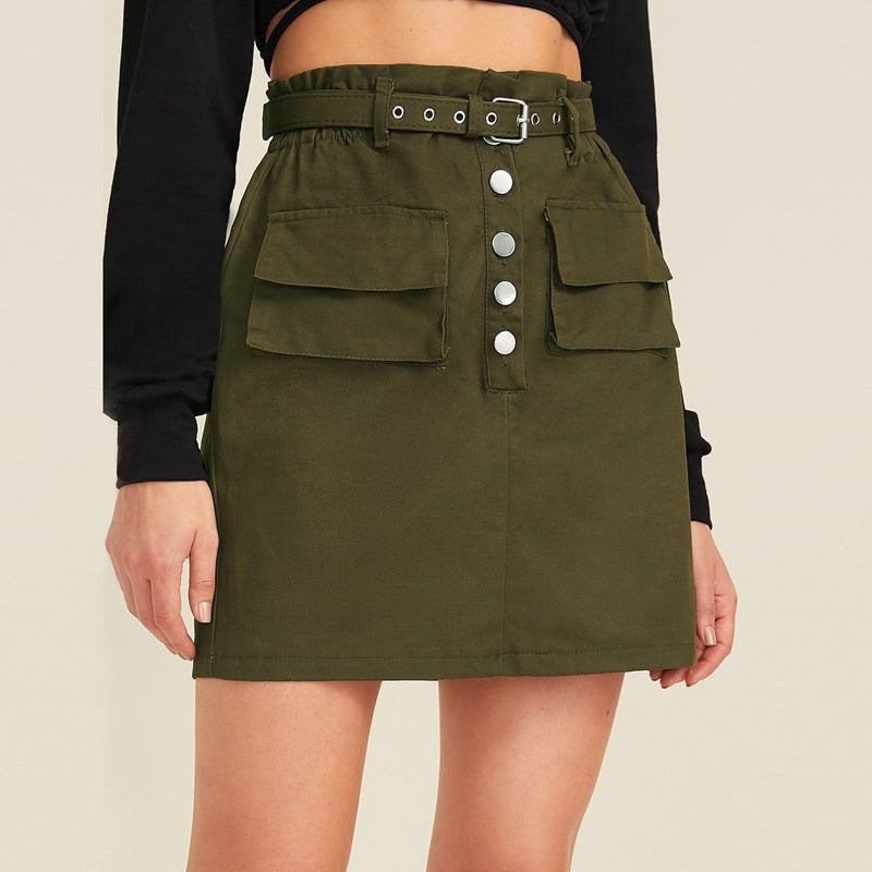 Flap Pocket Front Paperbag Waist Cargo Skirt