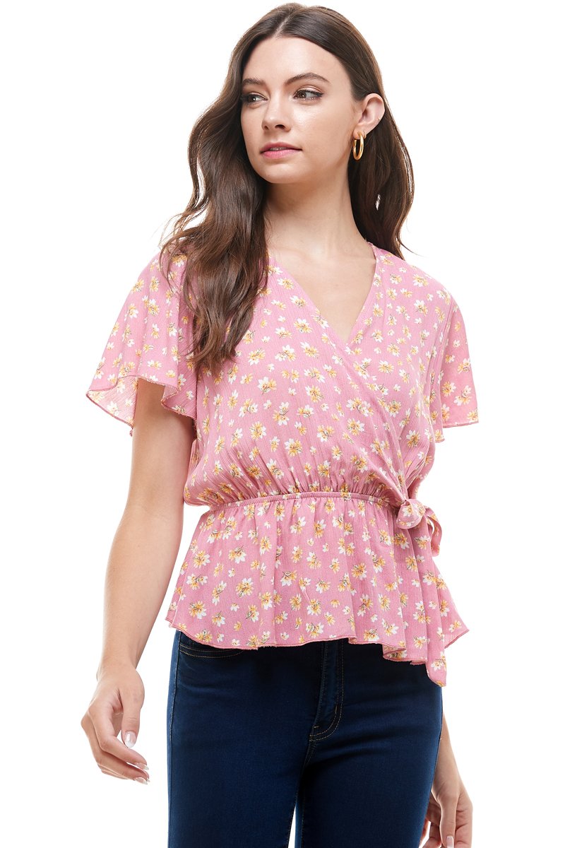 Ditsy floral surplice flutter sleeves peplum blouse top