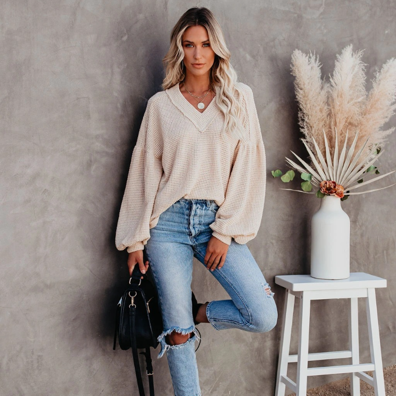 Long Sleeve V Neck Knit Sweater Solid Color Top