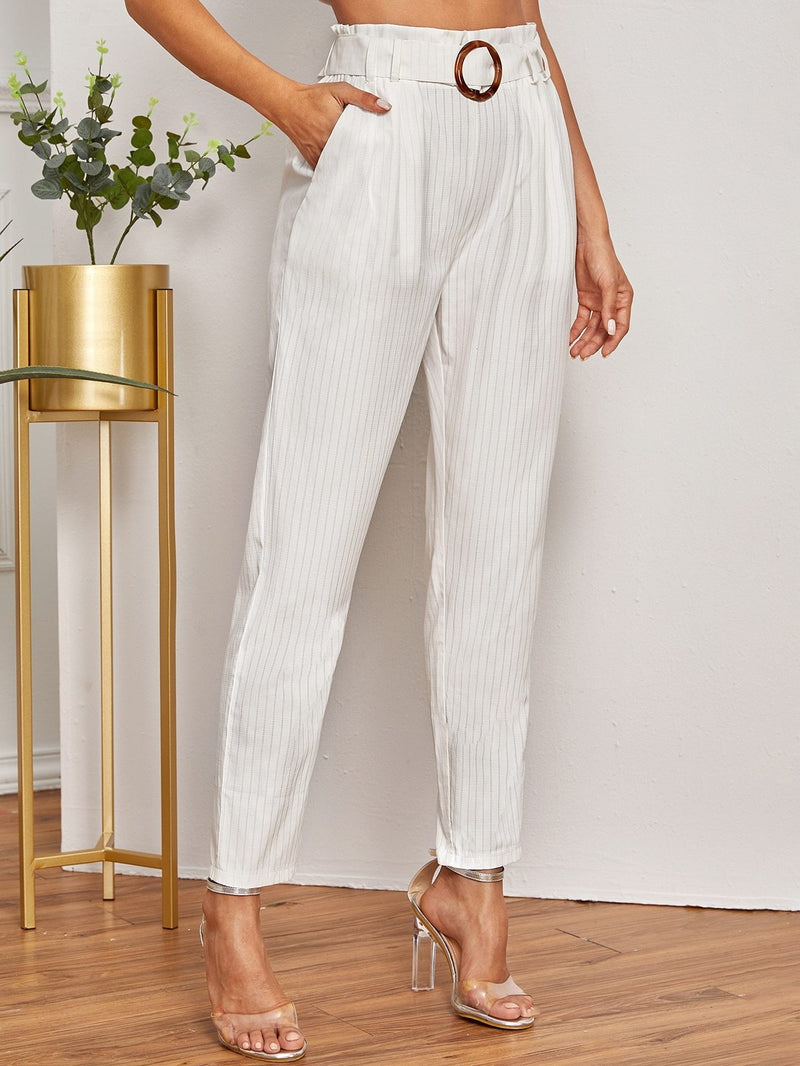 White Vertical Striped Paper bag Waist Belted Pants