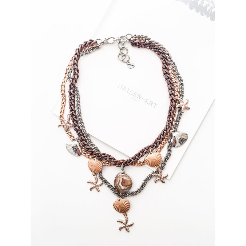 Italian Statement Necklace with Shells, Starfish and Agate Stone