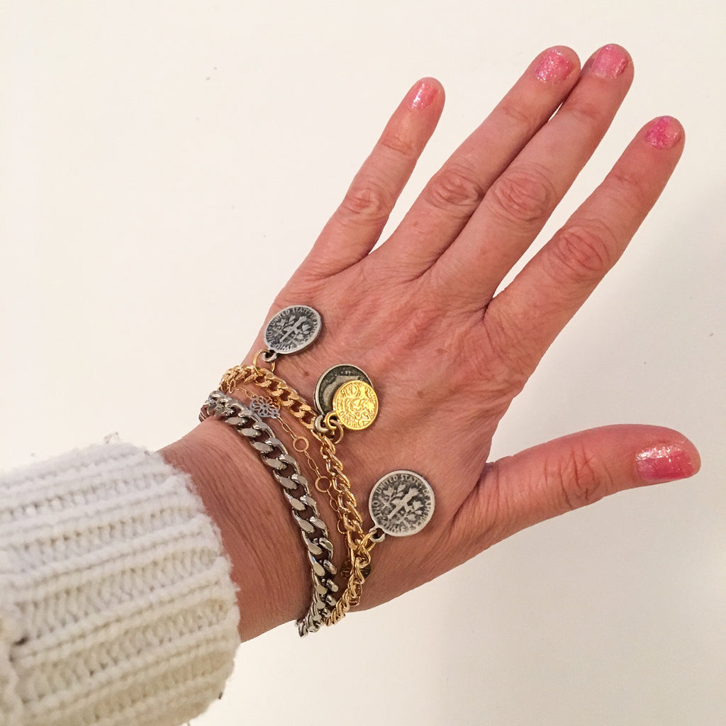 Coin Layered Bracelet in Gold and Silver Coin Jewelry.
