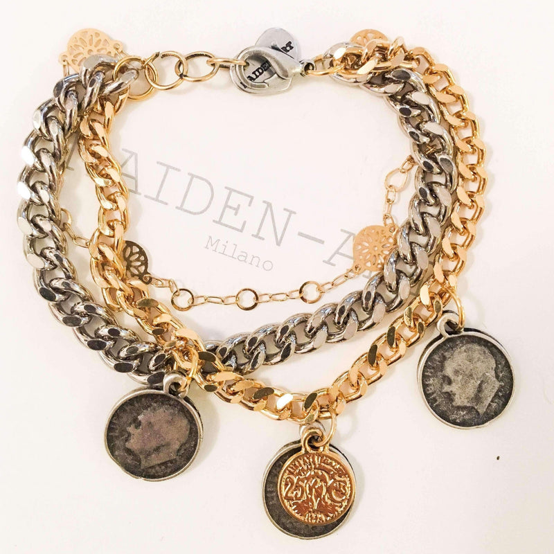 Coin Layered Bracelet in Gold and Silver Coin Jewelry.