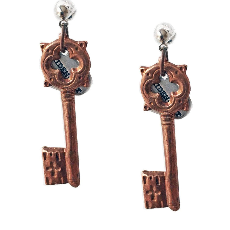 Key stud earrings in brass and bronze